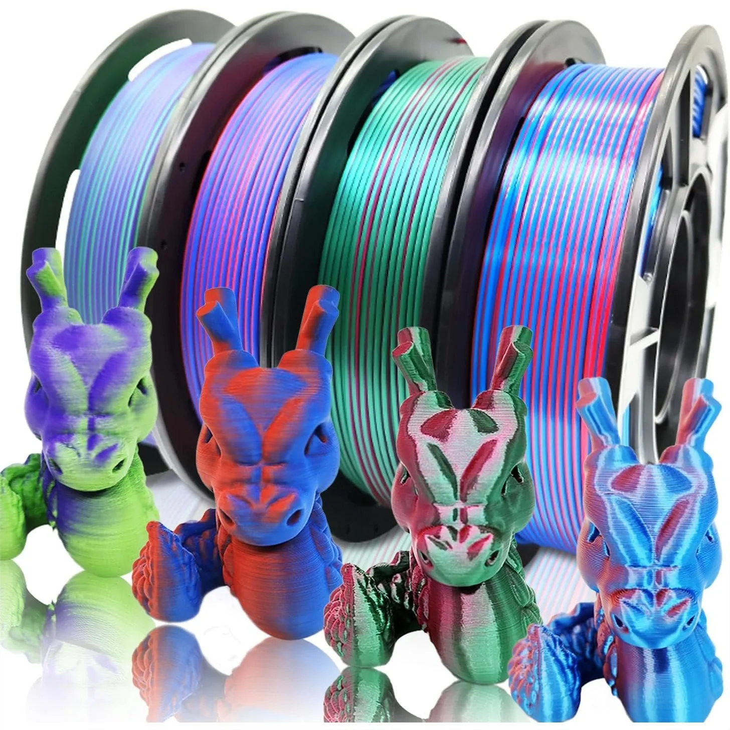 

Dual Color PLA Filament 1.75mm 4x250g Spools for 3D Printer, Matte & Silk Red/Blue Purple/Green