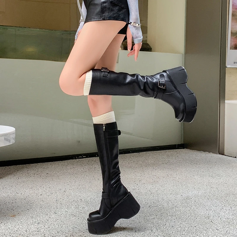 Woman Boots Knee High Platform Elegant High Heel Trend Punk Gothic New Rock Leather Fashion Women's Shoes Motorcycle Footwear