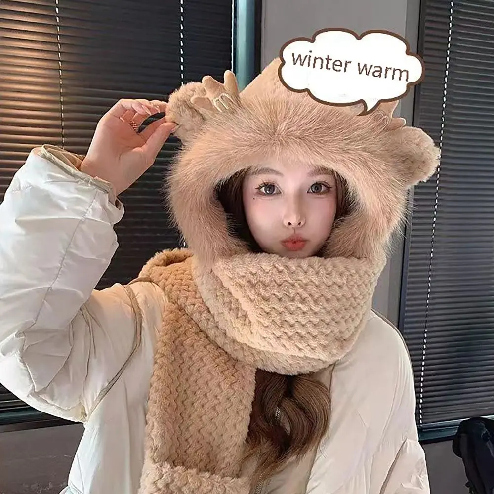 

Soft Windproof Integrated Cap Scarf Antler Winter Warm Ear Protection Cap Thickening Neck Warmer for Winter Outdoor Women