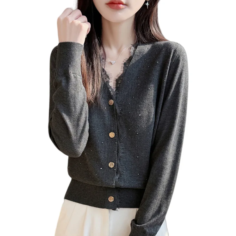 Women V Neck Lace Trim Sequin Knit Cardigan Spring Summer Soft Fringe Loose Fine Wool Sweater Top