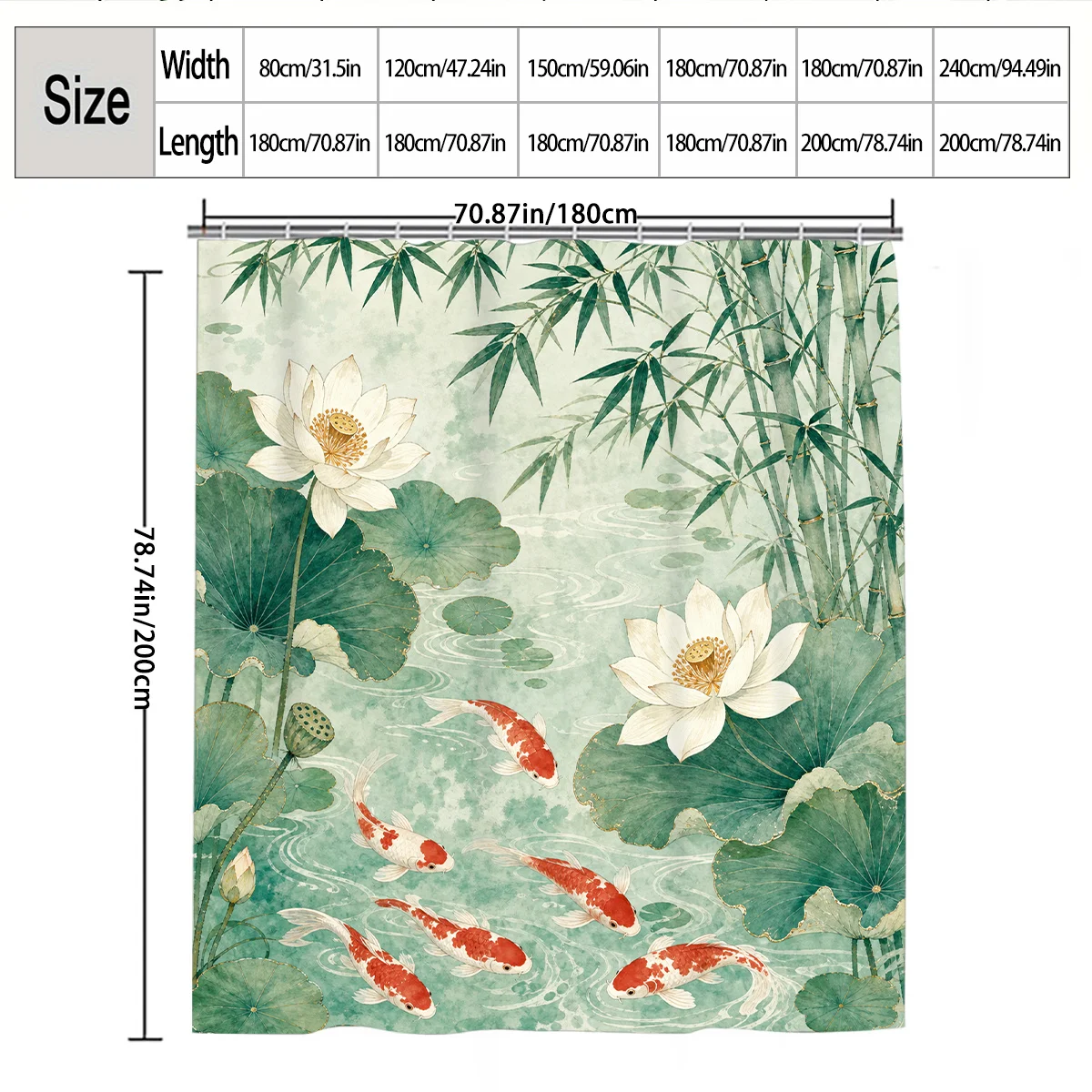 Serene Lotus and Koi Fish Mural Shower Curtain - Tropical Bamboo Water Scene Bathroom Decor