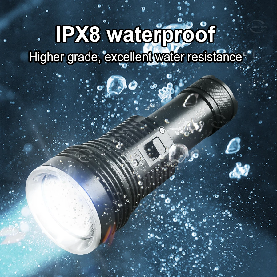 100W Professional Diving Flashlight 500m Underwater Scuba Diving Torch IPX8 Waterproof Dive Light 26650 Battery