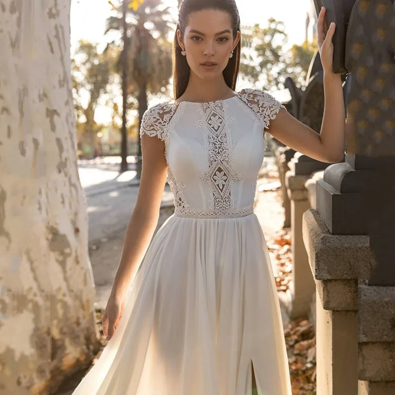 Aviana-Vestido De Novia clásico De gasa con corte en A para mujer, Vestido De Novia con abertura alta, mangas casquillo, patrón Floral