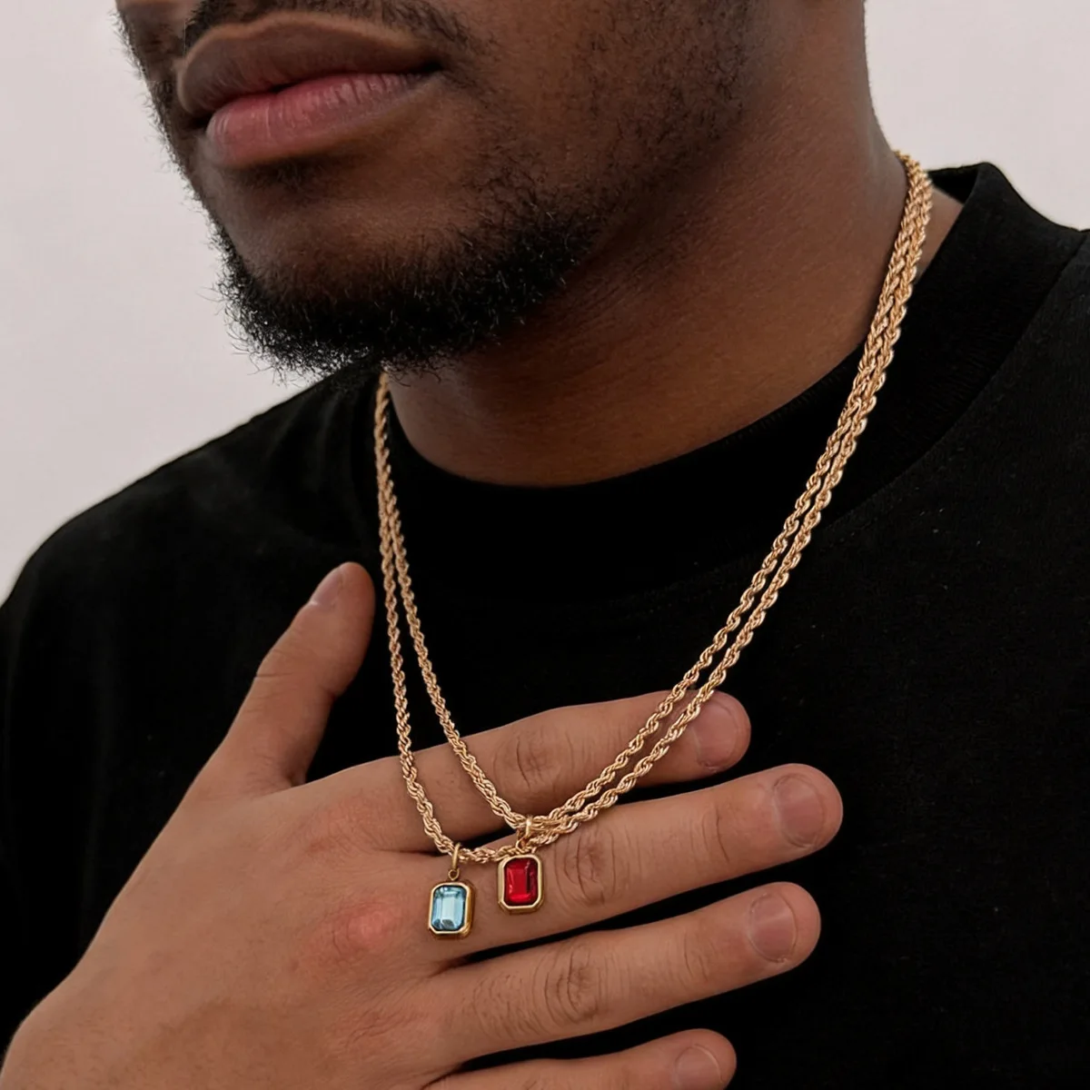 Hip-Hop Quadratischer Farbkristall-Anhänger Halskette Retro Herren Goldfarbene Gedrehte Kette Schmuck Modische Casual-Outfit Halskette – Detail 3