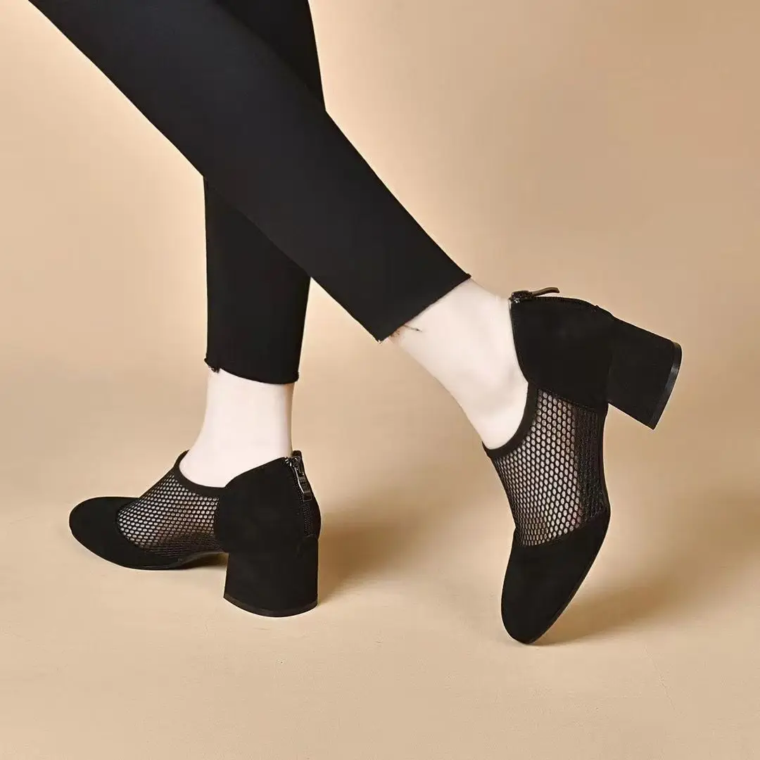 

Ladies chunky heels women's ankle boots for 2026 summer mesh hollow out faux suede short booties plus size pointed toe sandals