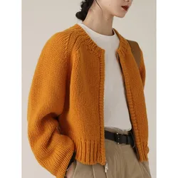Women's Short Cardigan Outwear Autumn Winter O Neck Zipper Loose Sweater Jacket Lady Casual Solid Color Knitted Outwear