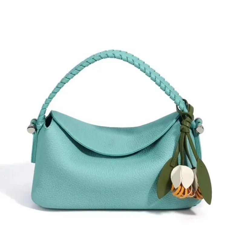 Women's Premium Top-Grain Cowhide Small Hobo Bag with Flower Charm Daily Commuter Multi-way Shoulder Crossbody Handbag