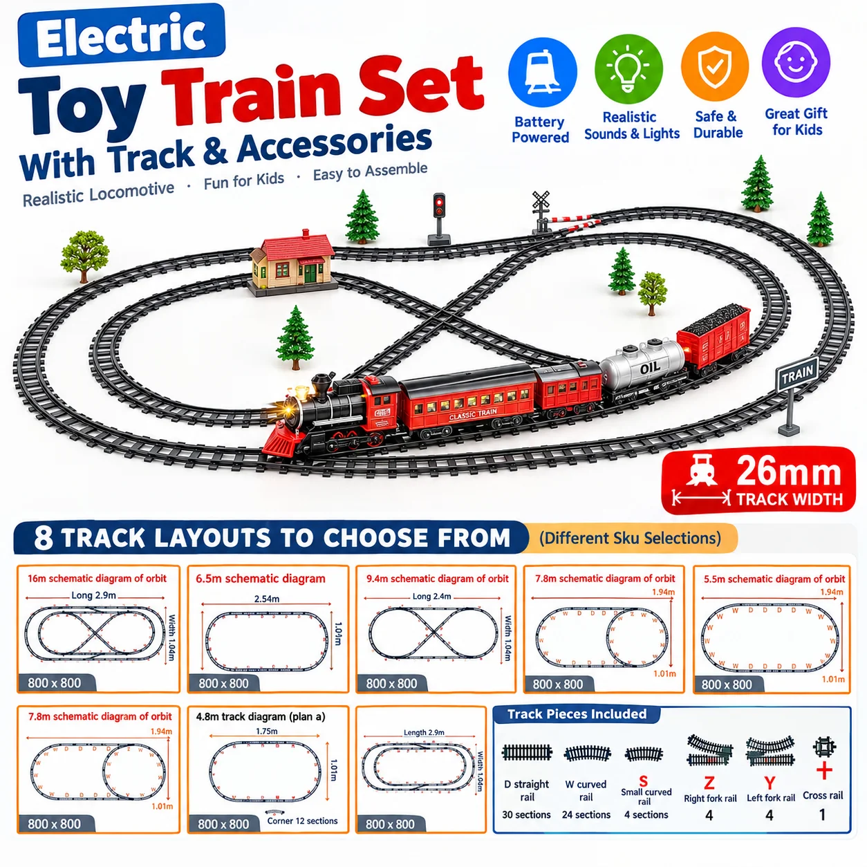 Electric Train Toy Set Battery Powered Locomotive with Track Accessories, Realistic Railway Train Set for Kids, 8 Track Layouts