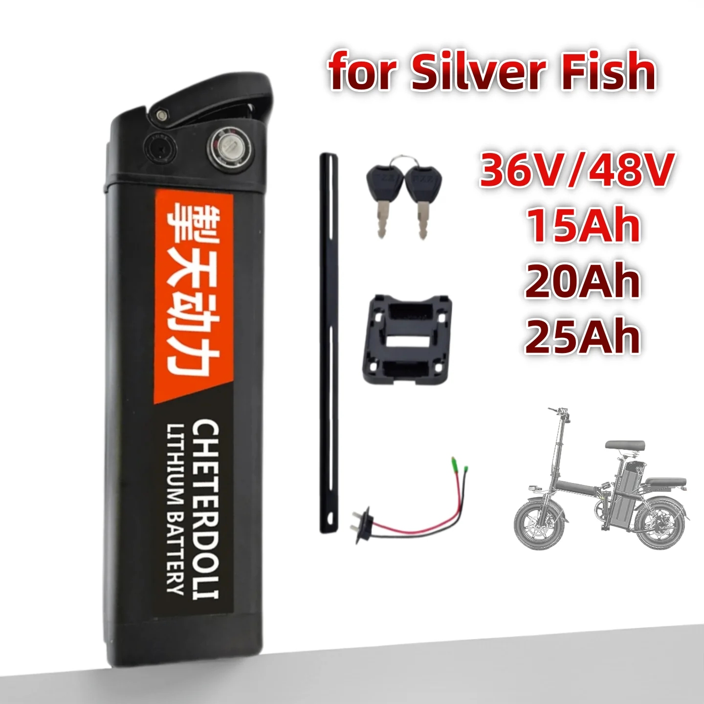 36V 48V Bottom Discharge Silver Fish Battery Pack 15Ah 20Ah 25Ah with BMS for 750W 1000W Octagonal Motor Kit + 2A Charger