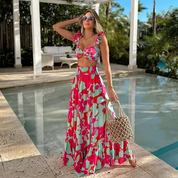 Woman bikini set two pieces Floral Print Bikini Swimsuit and Skirt  Beachwear Bathing Suit Swimwear