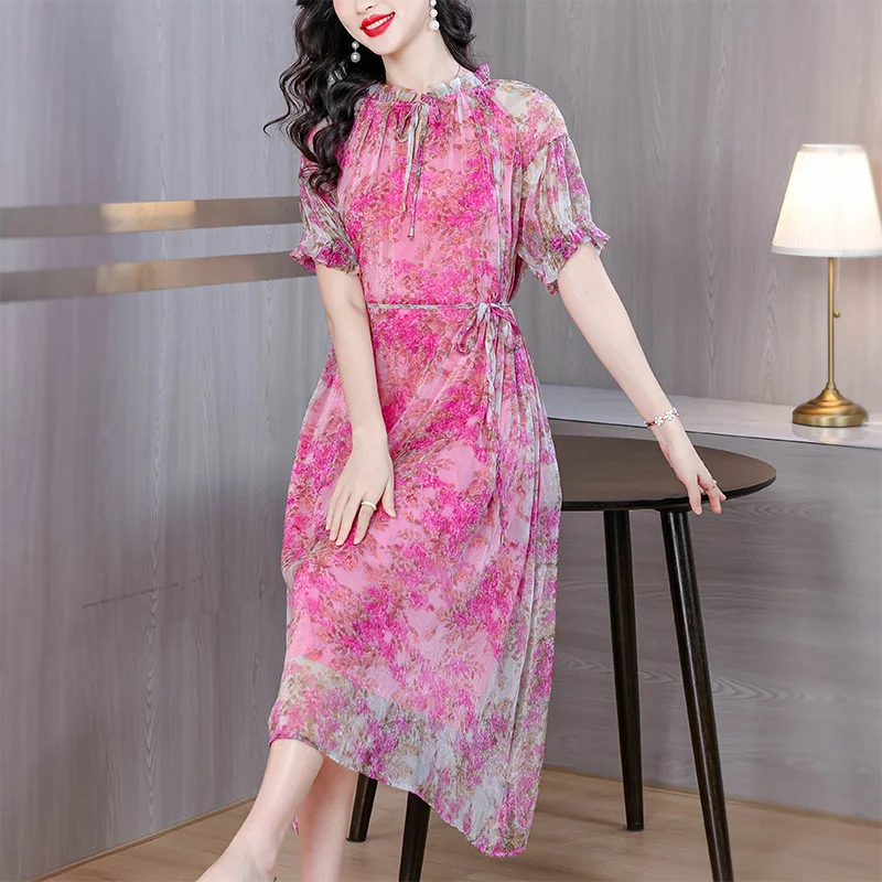 فستان ميدي فضفاض عتيق موديل 2025 فستان صيفي نسائي شيفون فاخر للشاطئ فساتين حريرية أنيقة غير رسمية للحفلات الليلية #2