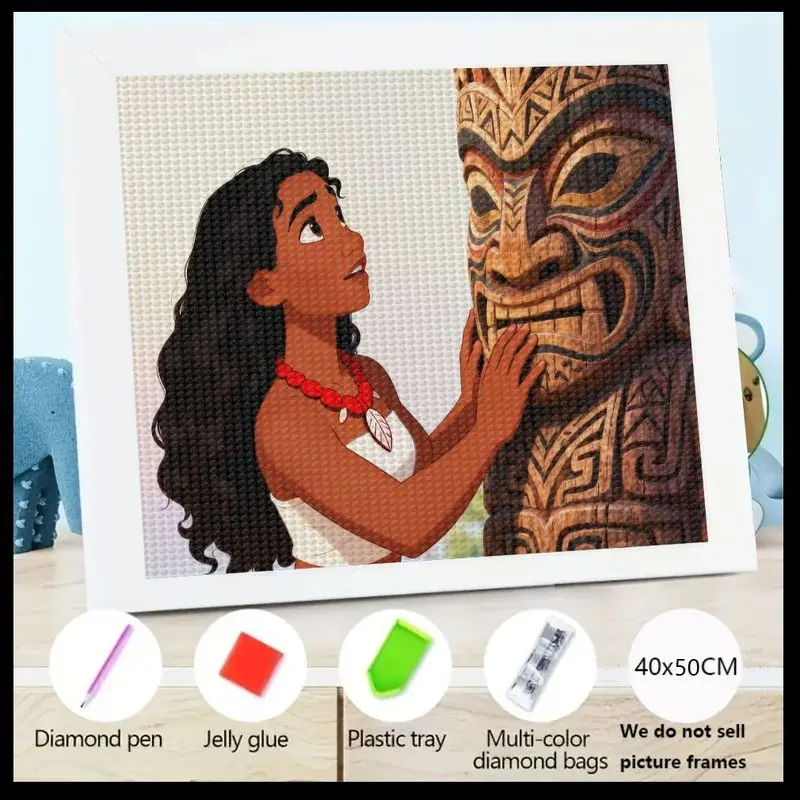 

1PC Disney Moana 5D Full Drill Diamond Painting Kit, DIY Cartoon Polynesian Princess Moana & Tiki Statue Art, 40x50CM Large Crys