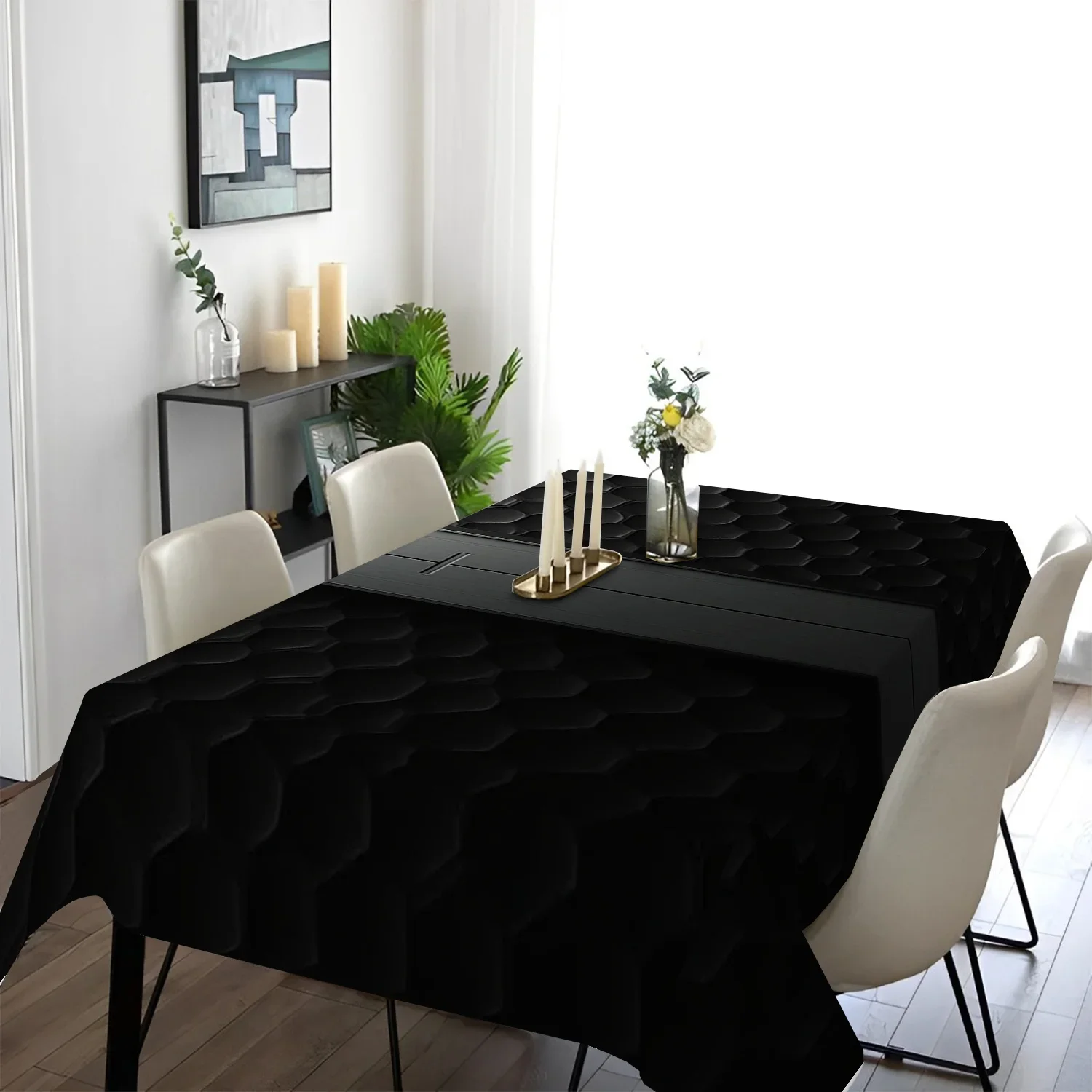One black imitation leather texture printed tablecloth, washable tablecloth, suitable for dining room, party, etc.