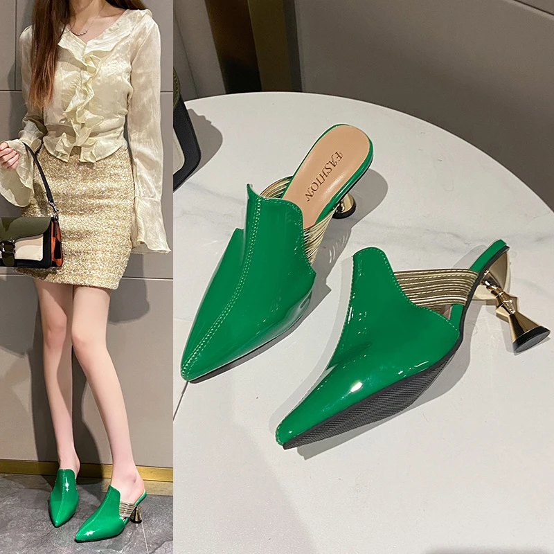 

new Slippers Women Summer Female Shoe Cover Toe Heeled Mules Slides 2025 Pointed High Soft Thin Sexy Female Shoes Slippers Heels