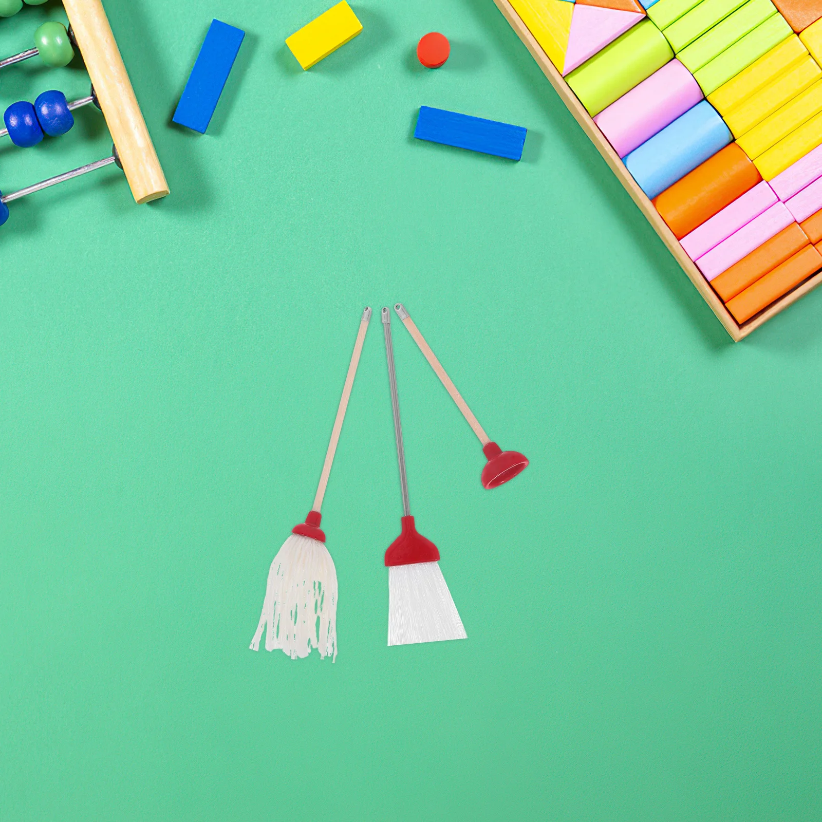 

3Pcs Miniature Mop Broom Cleaning Tools Realistic Toilet Plunger Bathroom Accessories Set for Dollhouse Interior Decoration