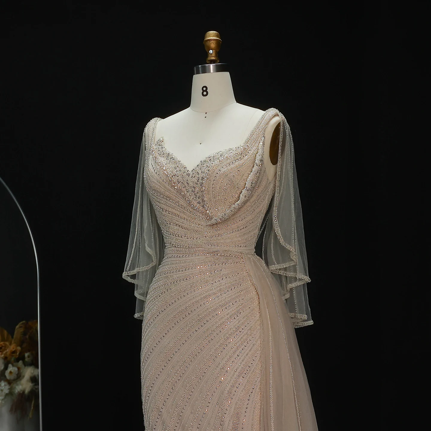 Sharon Said Luxuriöses Schwarzes Abendkleid, Lang, Perlenbesetzt, V-Ausschnitt, Cape-Ärmel, Elegante Ballkleider, Hochzeitsfeier, Damen, SS063, Maßanfertigung – Detail 20
