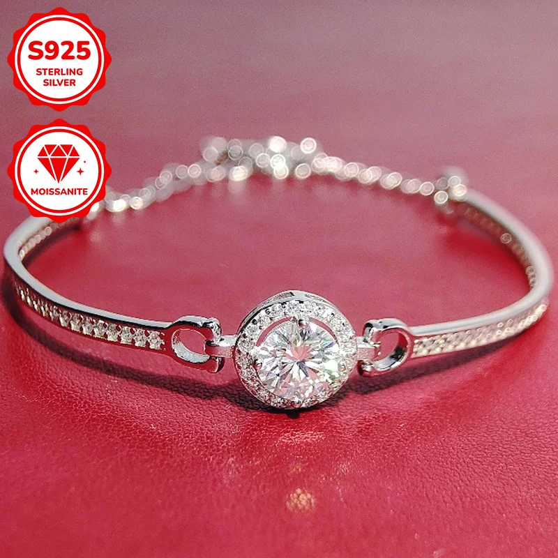 1pc 1Ct Moissanite Bracelet, 925 Sterling Silver Round Cut Moissanite Bracelet, Ideal Choice for Gifts,Gift for Men and Women.