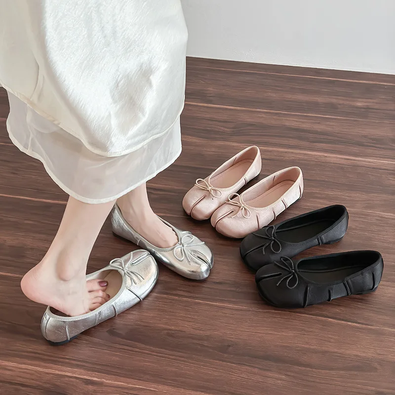 Trendy Vintage Tabi Split Toe Flats For Women Bow Decor Lightweight Comfort Daily Dress Shoes