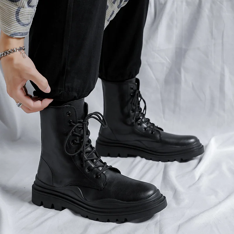 

British style men's leisure platform boots black original leather shoes high top motorcycle boot handsome cowboy ankle botas man