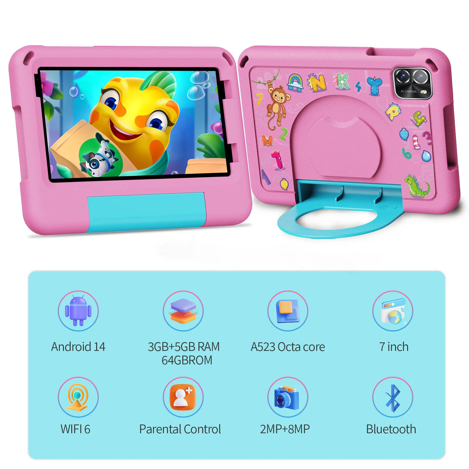 تابلت PRITOM Kids مقاس 7 بوصات يعمل بنظام Android 14، وذاكرة وصول عشوائي 8 جيجابايت (3+5 جيجابايت افتراضية) وذاكرة قراءة فقط 64 جيجابايت، ومعالج A523 ثماني النواة، وواي فاي 5 جيجا، وكاميرا مزدوجة #2