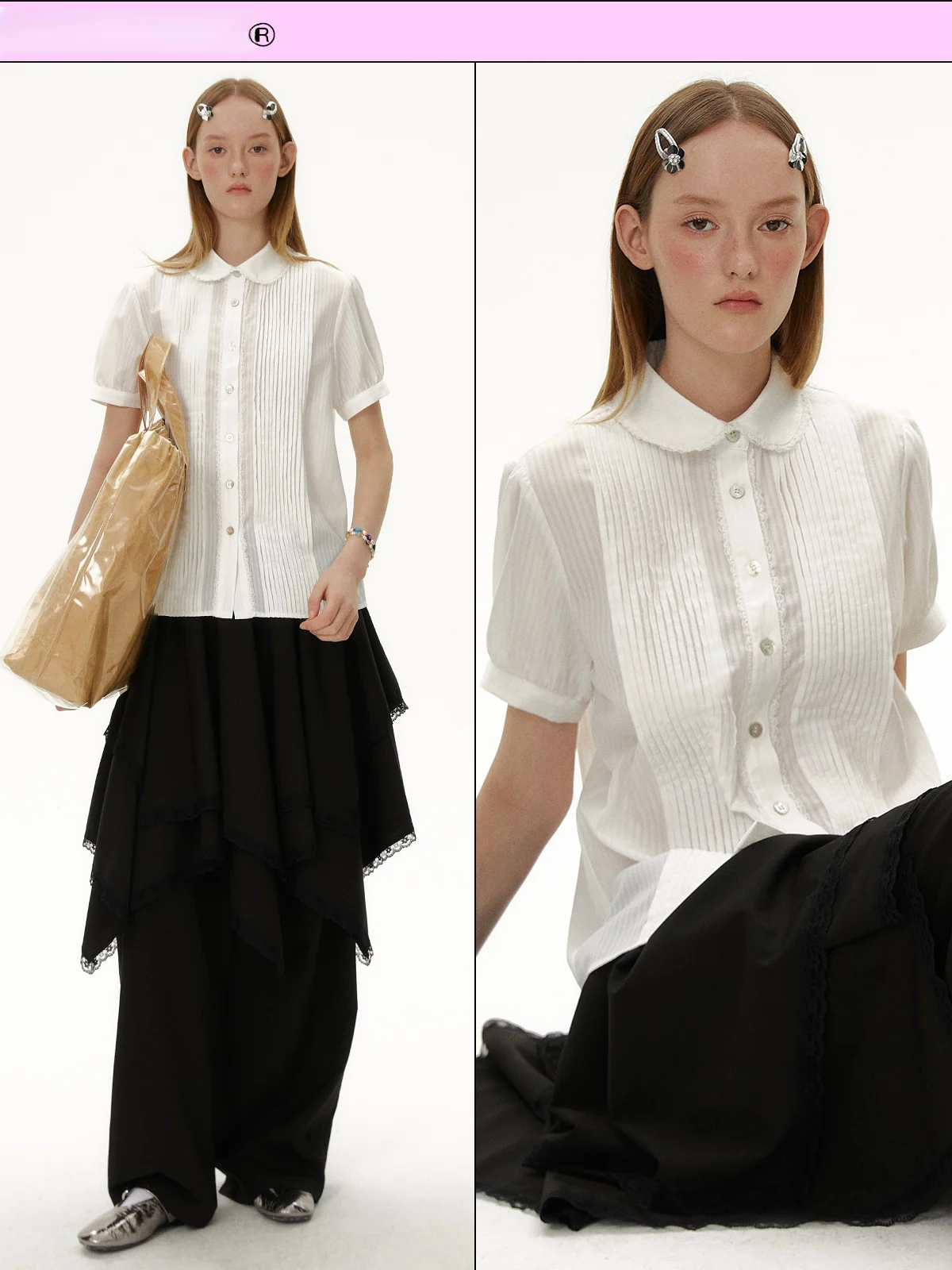 

Neon Wilderness Retro Doll Collar Short Sleeve White Shirt Multi-Layer Pleat Shoulder Polyester Fiber Girl's Regular Length