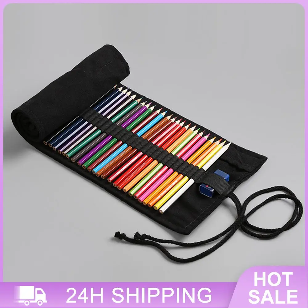 حقيبة تخزين بمقبس مرن للقرطاسية ، حافظة خيوط ثابتة ، ستارة قلم أسود ، توفير مساحة ، 24 فتحة ، 12 فتحة