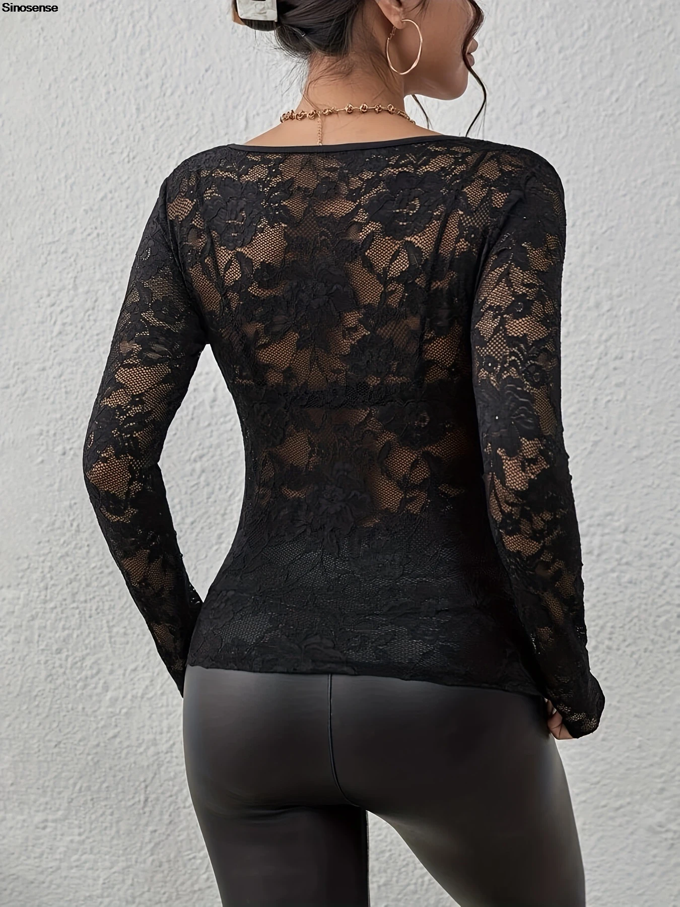 Women Long Sleeve Sheer Mesh Blouse Sexy See Through V Neck Floral Lace Shirt Y2K Daily Wear Street Dating Night Club Party Tops