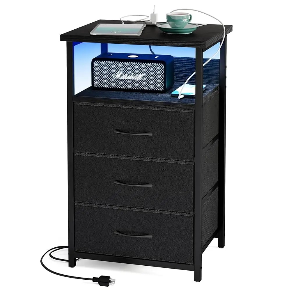 

Night Stand With Charging Station, Led Nightstand With U-S-B Ports And Outlets, 3 Fabric Storage Drawers With Pu Finish,