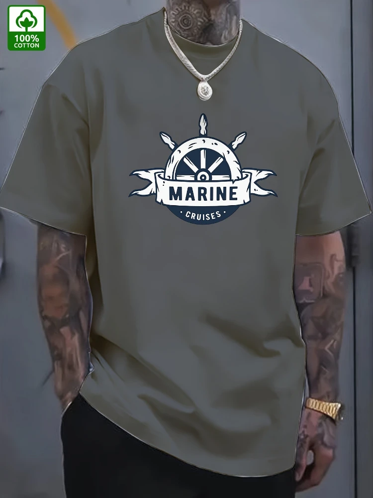 تصميم نمط Oar-100% تي شيرت رجالي صيفي من القطن برقبة دائرية وأكمام قصيرة مطبوع كاجوال.