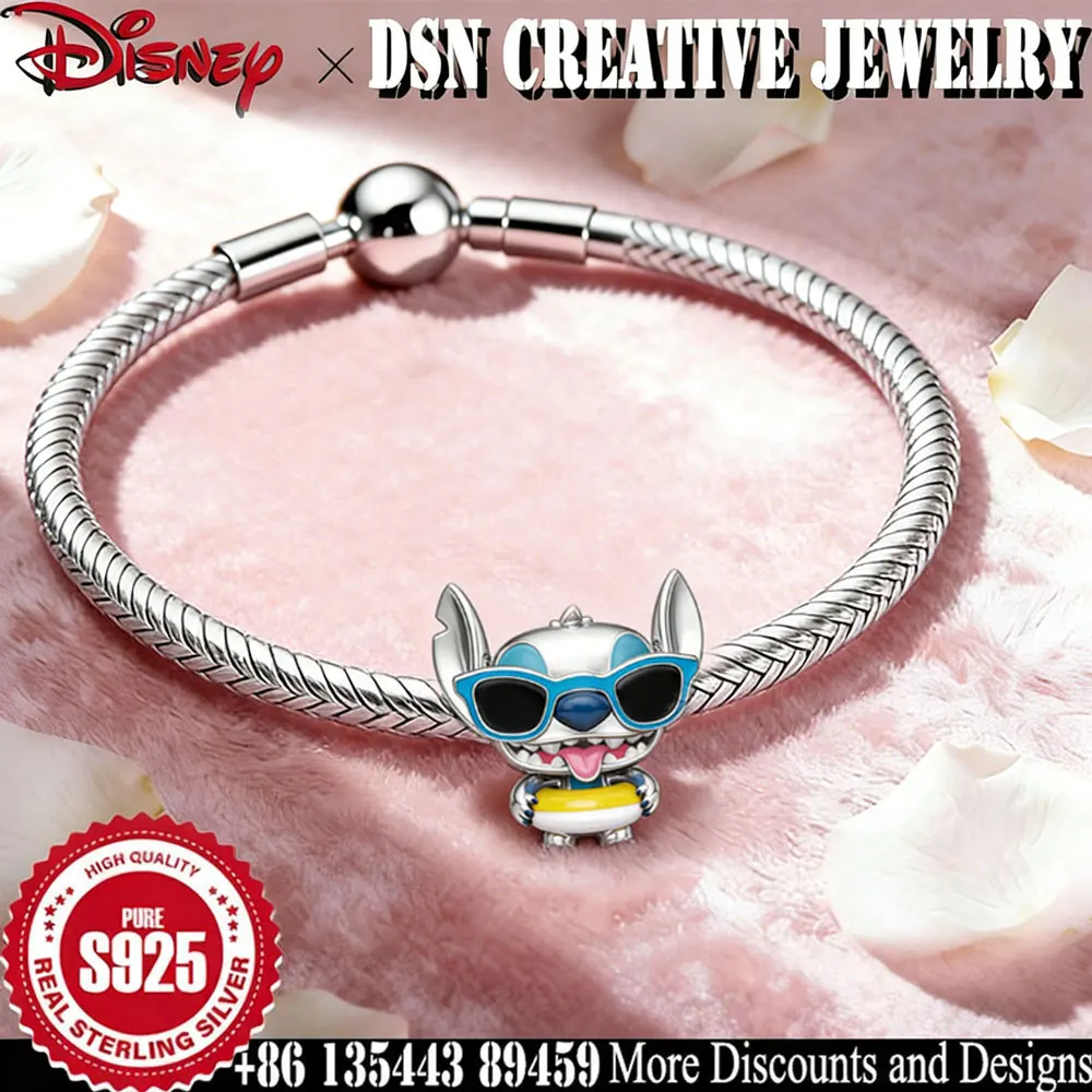 

DSN 925, серебро, подвеска Disney Stitch, стиль Чиби, купальник, бусины для змеиной цепочки, браслет, милый мультяшный шарм, ювелирное изделие, подарок