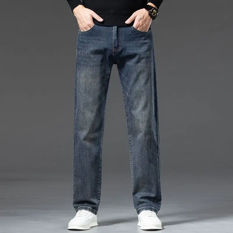 Men's Business Straight Leg Jeans Full Length Casual Denim Trousers Stretch Elastic Fabric Comfortable Fit Pant Plus Size 29-42