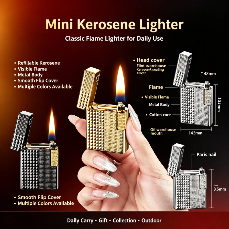 New Vintage Square Side Slide Flint Lighter Paris Nail Design Metal Refillable Classic Collectible Smoking Lighter Tool
