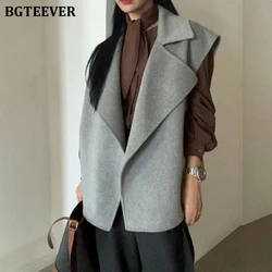 BGTEEVER Vintage Loose Turn-down Collar Women Solid Blend Coats Autumn Winter Thicken Warm Ladies Sleeveless Woolen Jackets