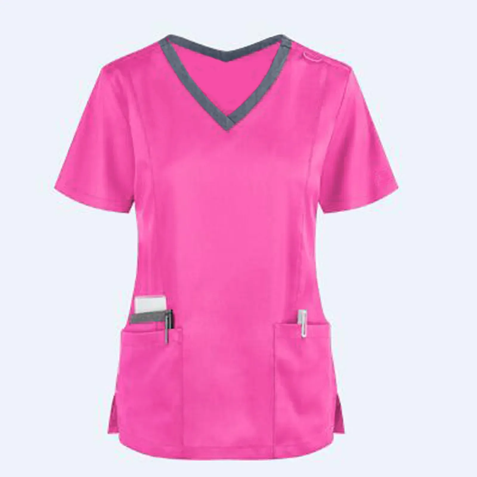 Women's Pocket Nursing Uniform Ladies Short Sleeve V-neck Pocket Care Workers Tops Nurse Working Medical Uniforms Blouse Tops