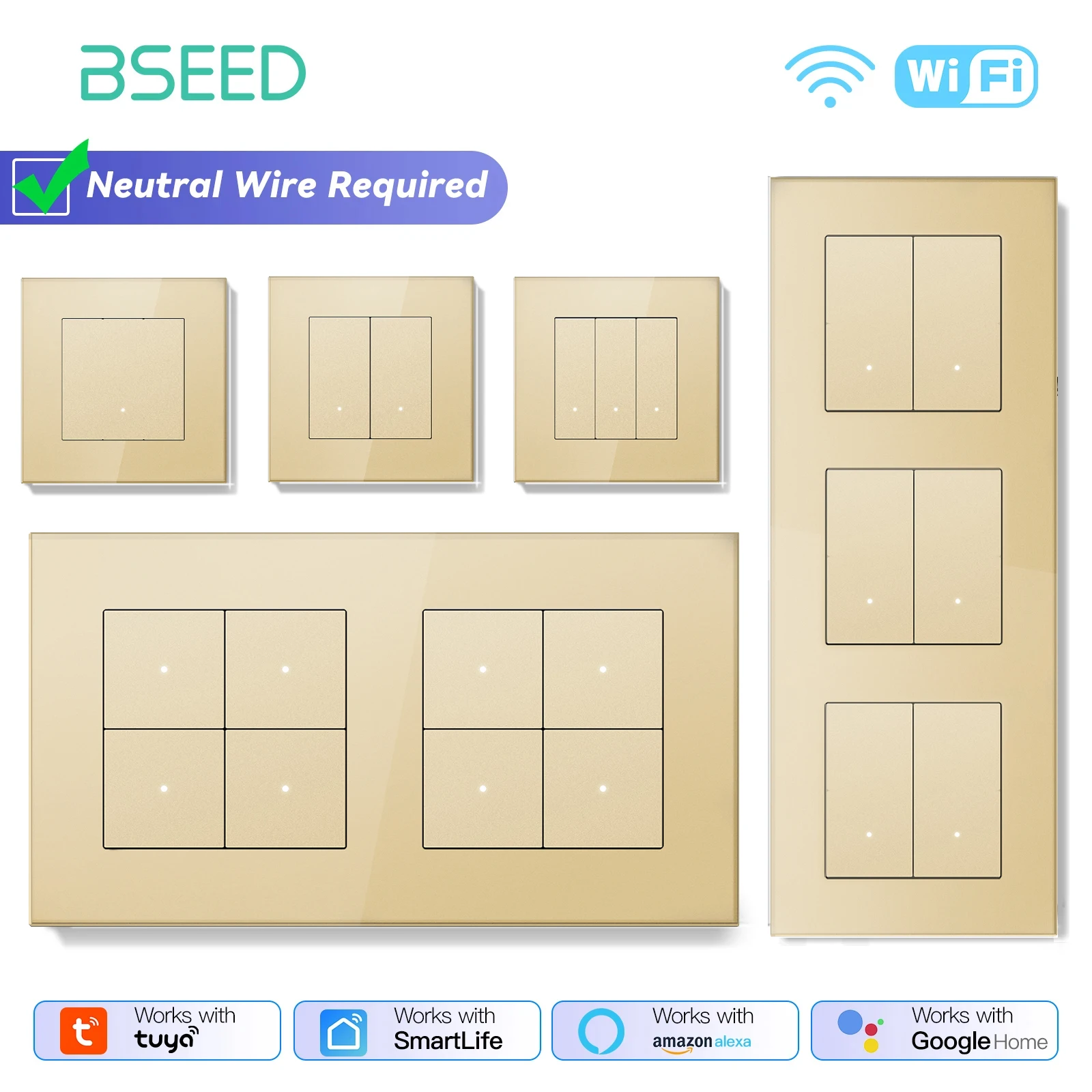

BSEED WIFI Smart Switches Series 1/2/3/4Gang Настенные выключатели света с желтой подсветкой Стеклянная рамка Переключатель Tuya APP Стандарт ЕС