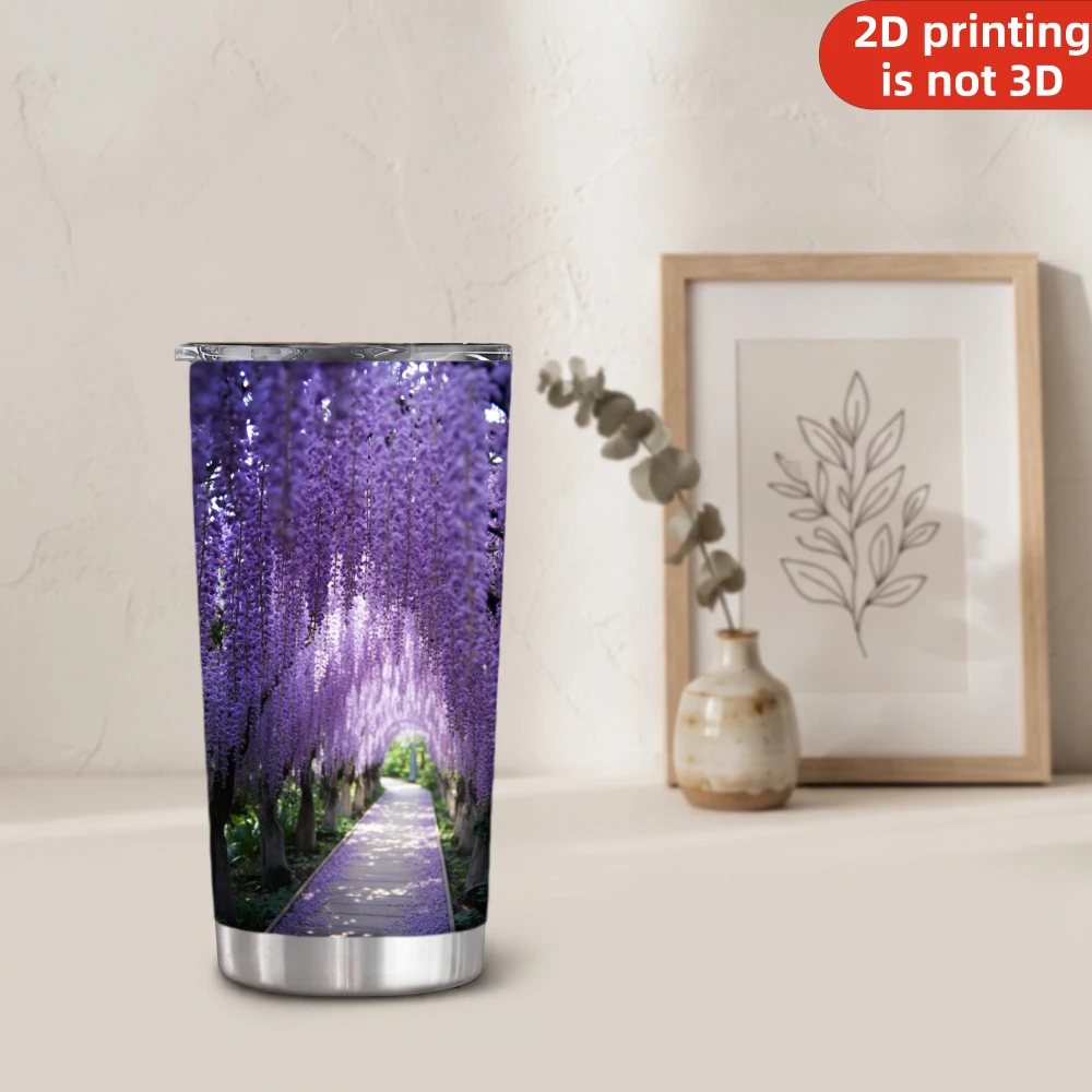 20oz Purple Wisteria Tunnel Printed Stainless Steel Tumbler with Lid and Straw, Floral Archway Garden Path Spring Bloom Landscape Vacuum Insulated Travel Coffee Mug Gifts for Women