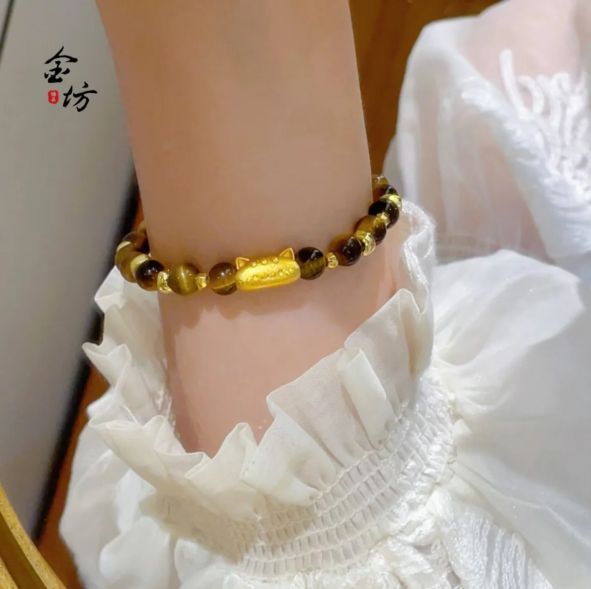 

9999 национальный тренд стиль багет кошка DIY тигровый глаз камень 24 К браслет из настоящего золота пинг котенок женский нишевый изысканный браслет
