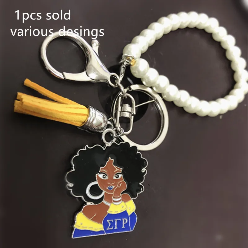 1Pcs Multiple Zeta Sigma Sorority Fraternity Thinking Lady Pearl Tassel Keychain OKC005 DIY ZPB SGR Bag Hanger Greek Key Ring