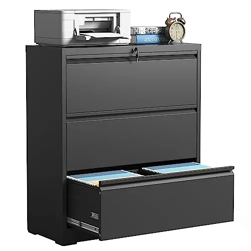 Lateral Metal File Cabinets 3 Drawer,Black Locking Filing Cabinet | Wide Steel Storage Cabinet for Office Commercial