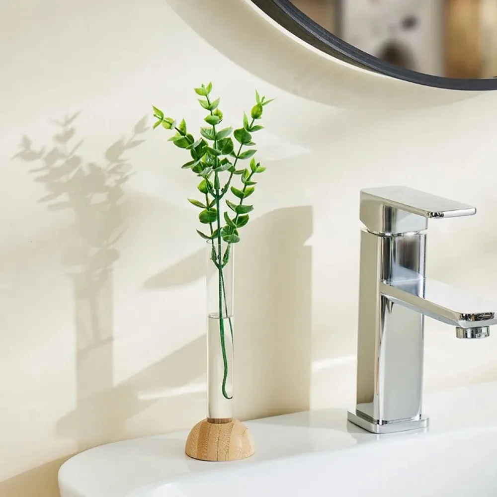 Transparent Hydroponic Vase with Bamboo Base Waterproof Tabletop Plants Flower Pot Space-Saving Modern Household Bonsai Decorate
