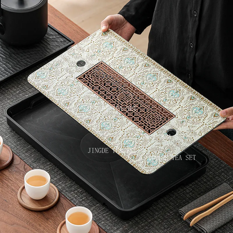 Dunhuang Pattern Tea Tray with Hidden Water Storage Alloy Lattice Drainage Plate Stone Look Melamine Kung Fu Tea Tray for Home