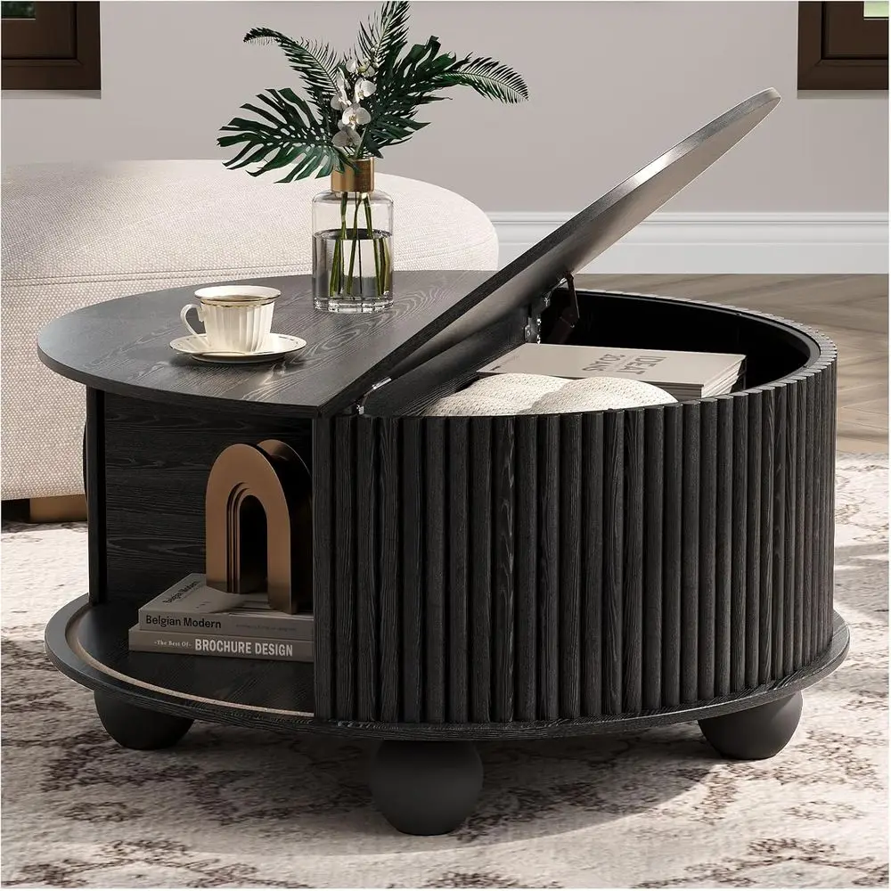 Black Round Coffee Table with Storage, 31.5