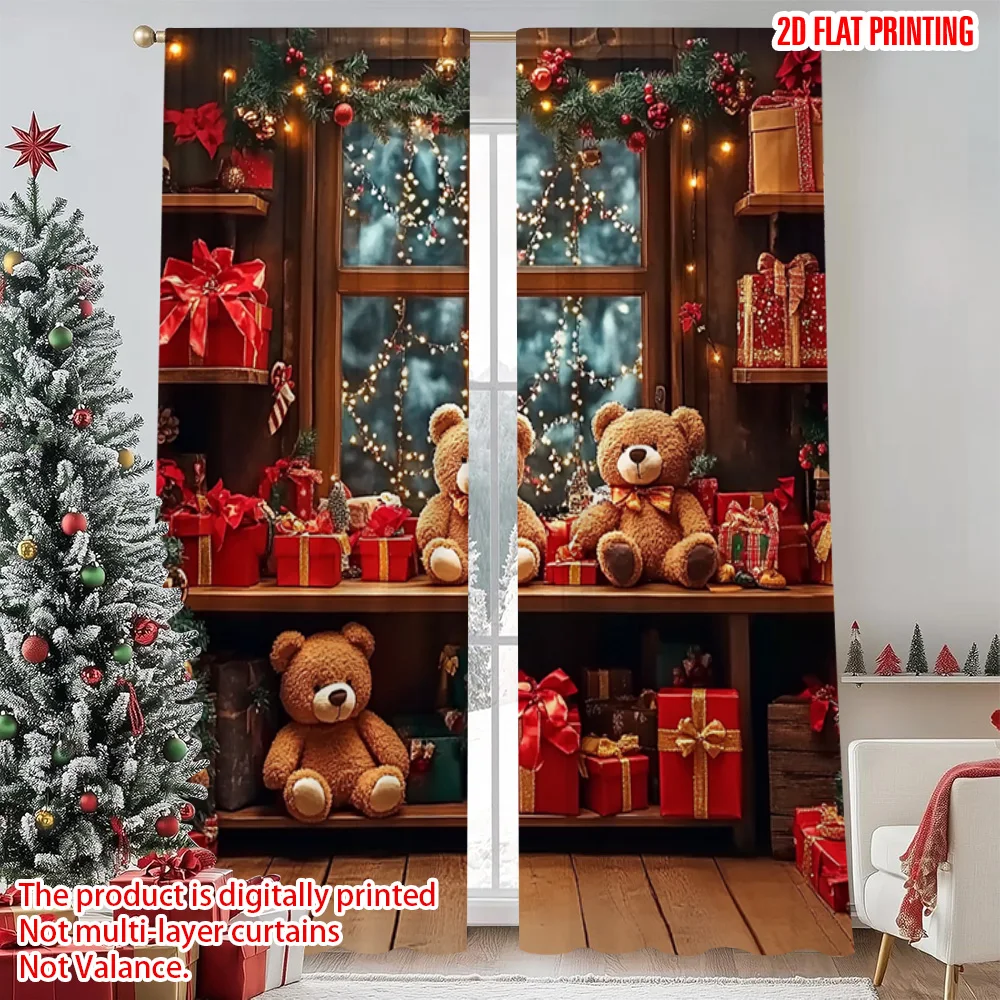 

2pcs 2D flat printing Christmas Window Drapes red bow Machine Washable Polyester Without Electricity Spring Party & Holiday