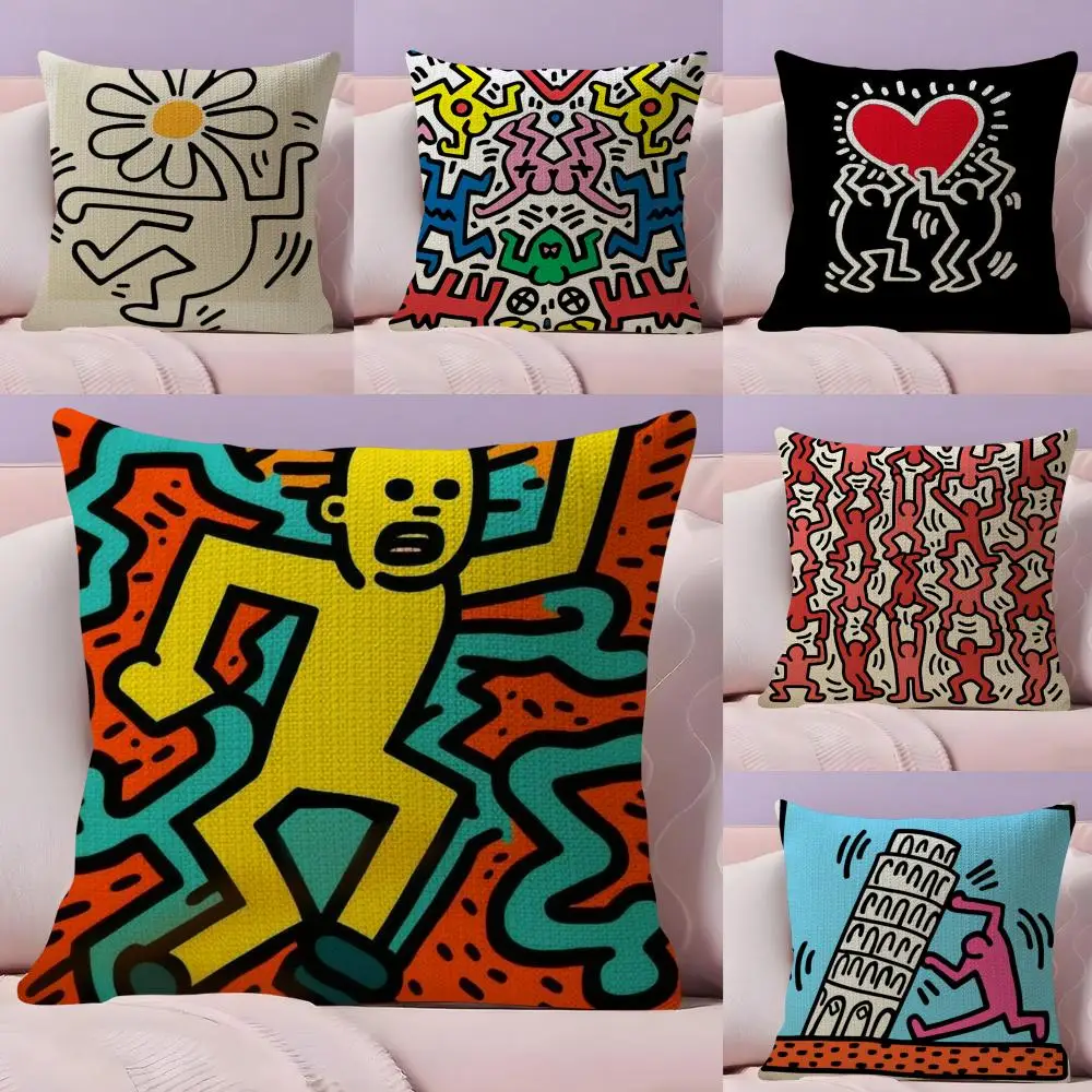 

Famous Artist K-Keith H-Haring Cushion Cover Natural Linen Organic Fabric Double-Sided Printing Sofa Home Decor Gift Pillow Case