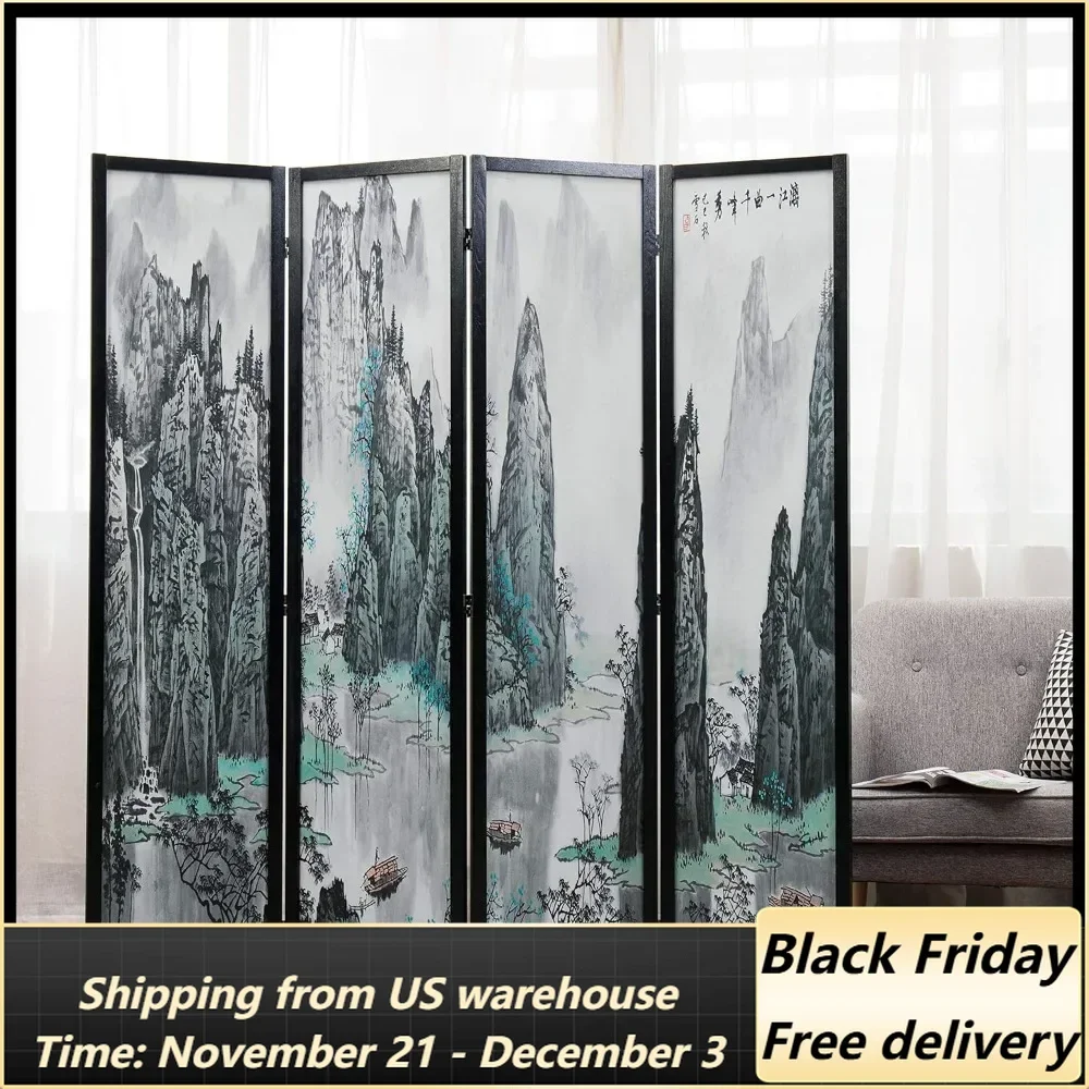 Folding Screen Separator 4 Panel Folding Room Partition Asian Watercolor Oriental Landscape and Chinese Calligraphy Design Home