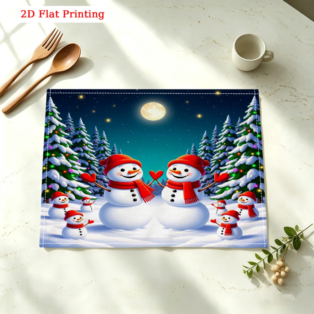 Snowmen Winter Night Scene Print Kitchen Placemat Coaster Linen Pad Dish Coffee Cup Table Mat 30x40cm Home Decor