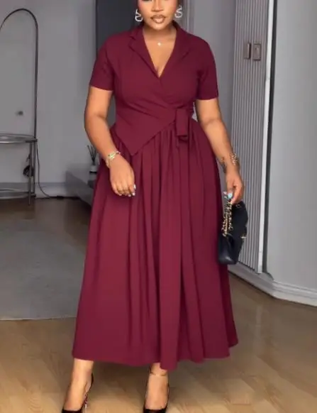 

Women's Dress Summer Classic Elegant Solid Color Simple Commuting Style Lapel Tie Waist Fold A-Line High Waist Long Dress