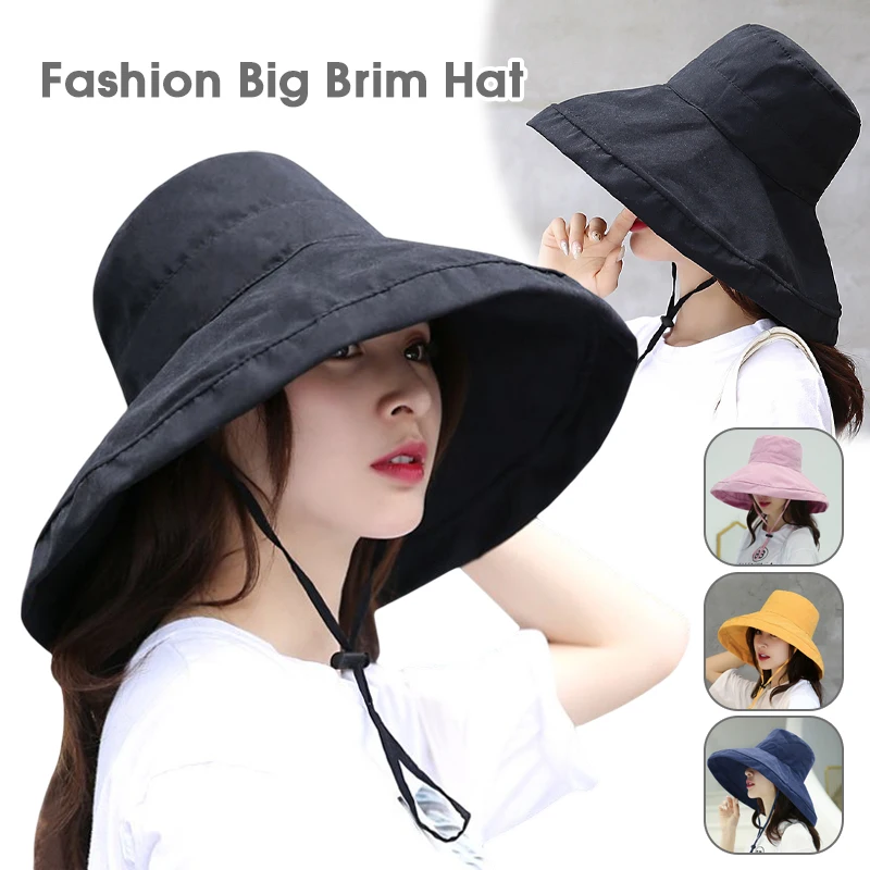 

Large Brim Sunshade Hat Fisherman's Hat Women's Beach Sunscreen UV Beach Hat Literature Outdoor Sunshade Cap With Windproof Rope