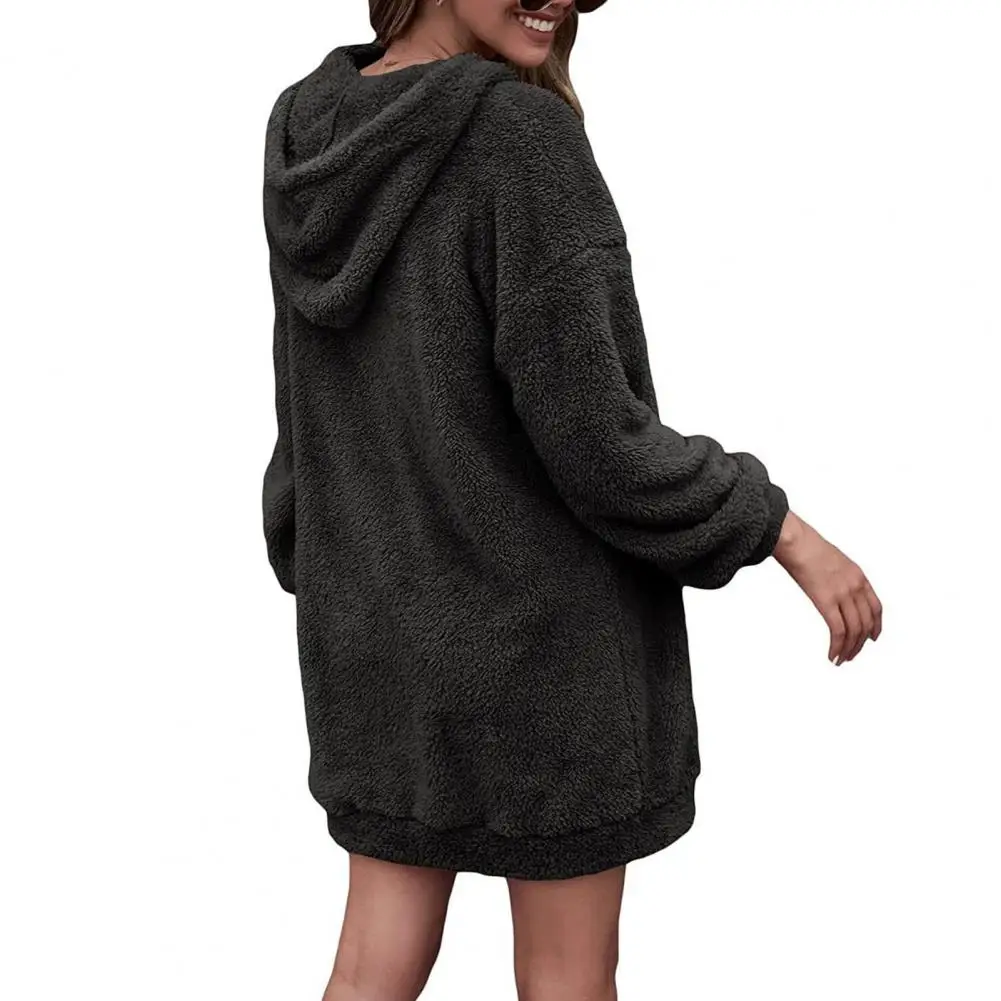 

Zip-up Hoodie Double-sided Velvet Hoodie Cozy Plush Hoodie Dress with Oversized Pocket Long Sleeves Mid Length for Women