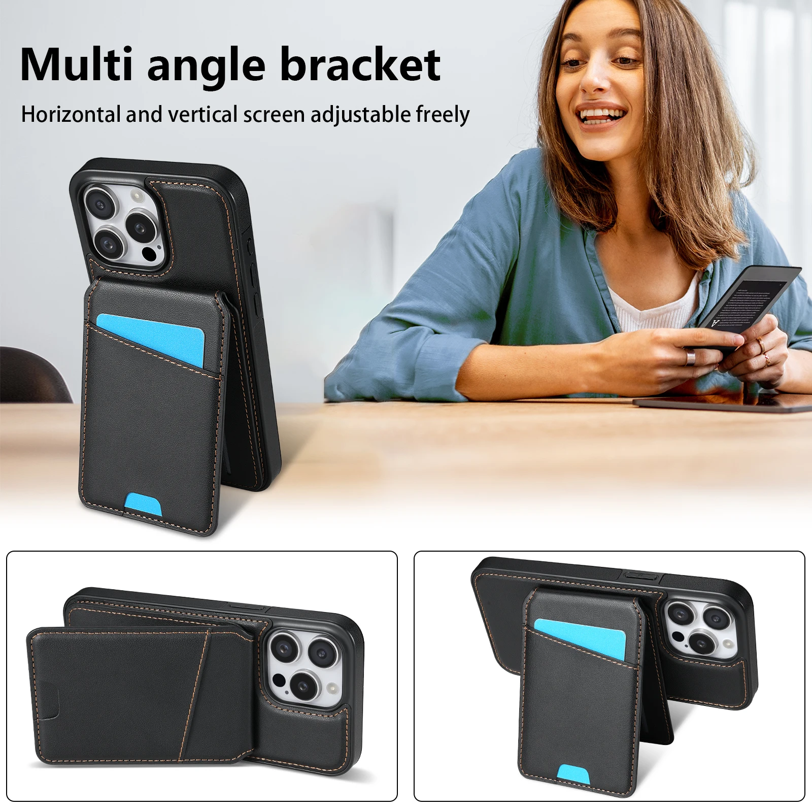 

2 In 1 Rotating Card Holder Leather Magnetic Pocket Wallet Phone Case For iPhone 16 15 14 13 12 11 XS Pro Max Plus Magsafe Cover